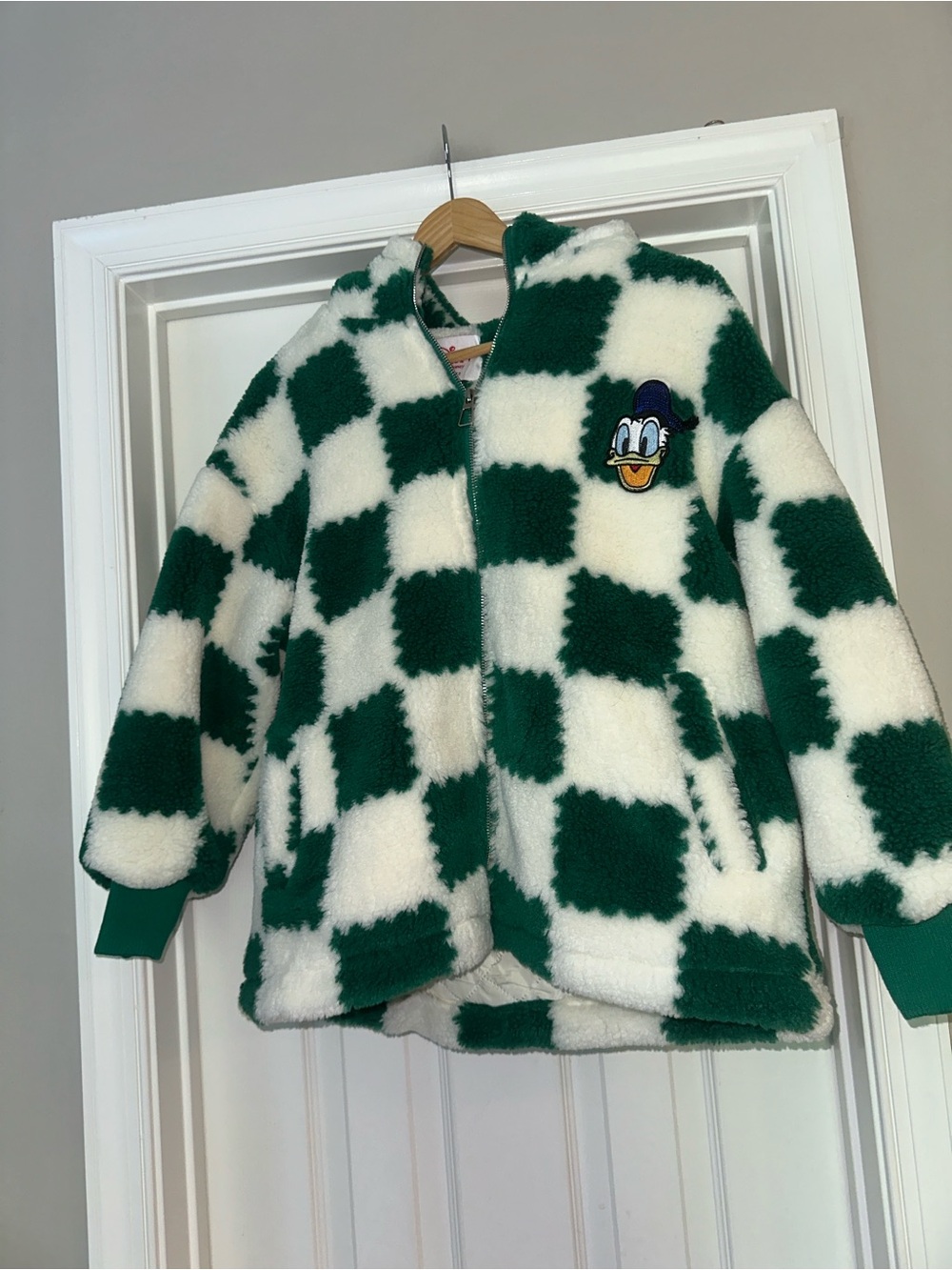 Disney green white checked fleece Donald Duck jacket